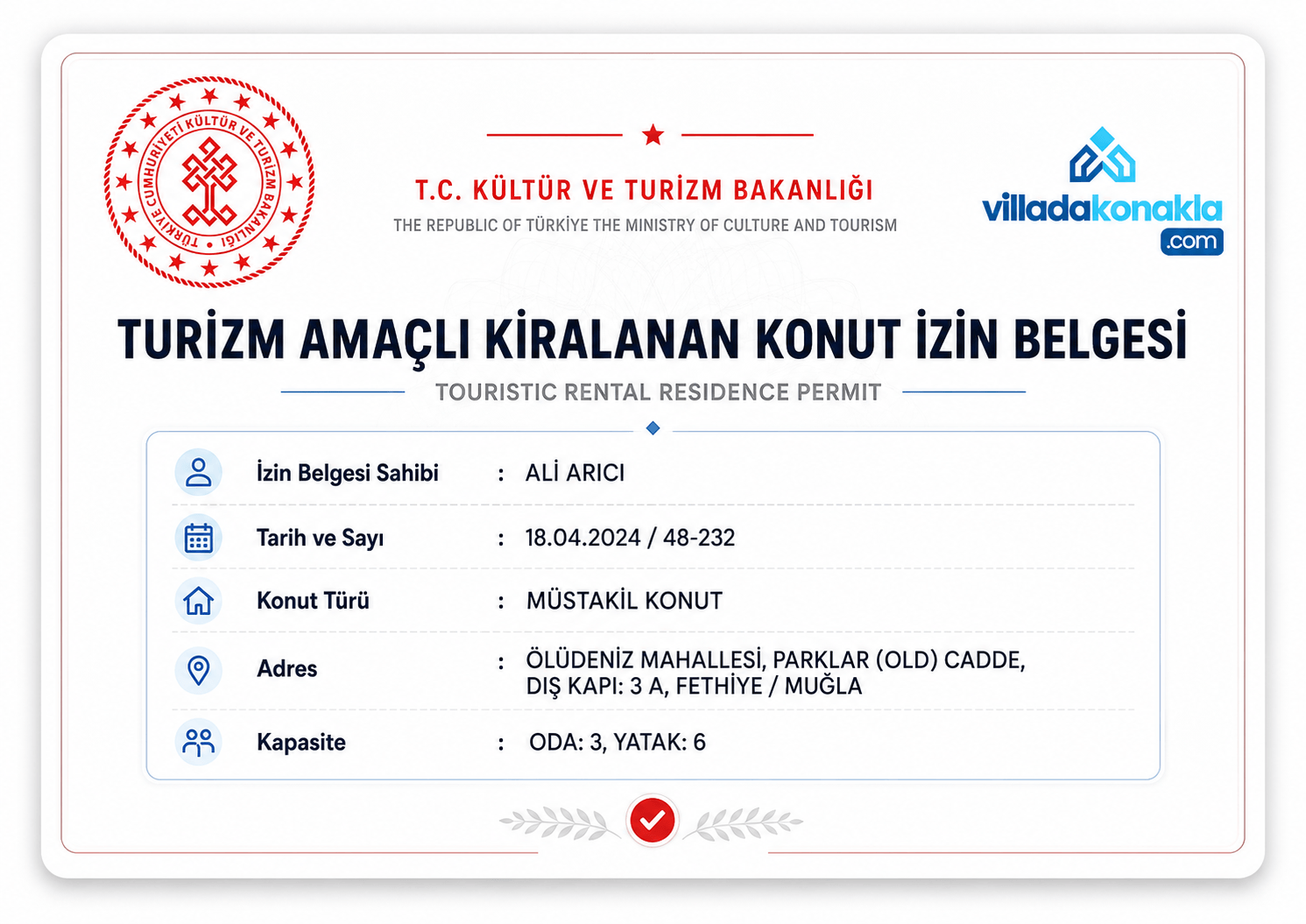T.C. Kültür ve Turizm Bakanlığı turizm amaçlı kiralanan konut izin belgesi